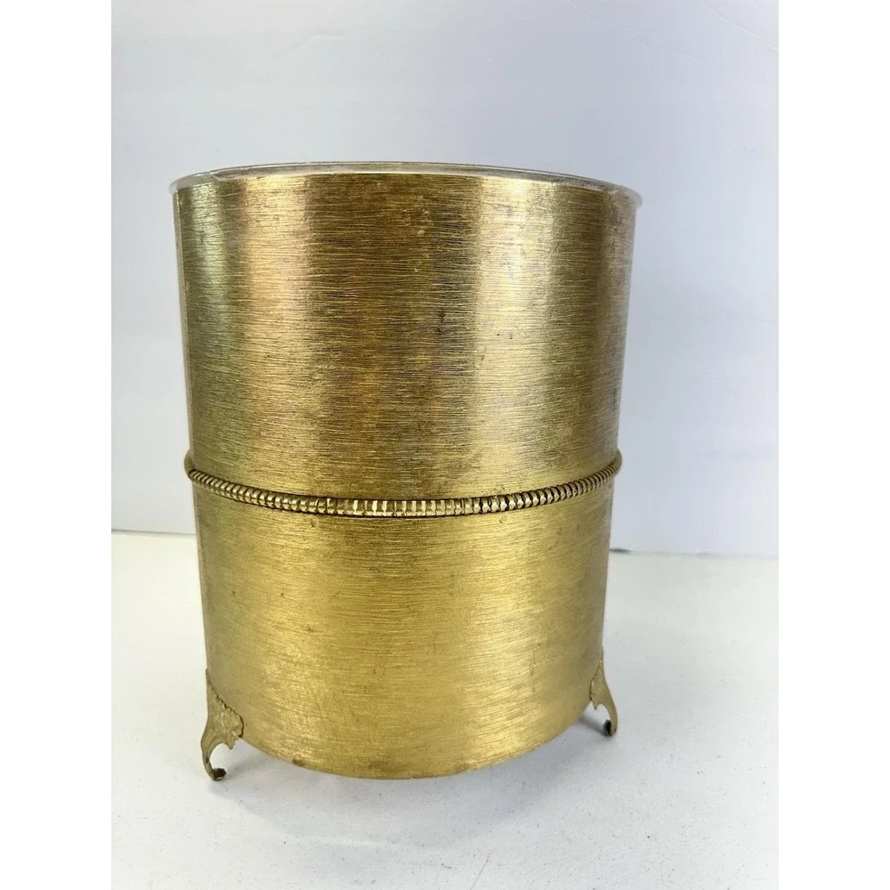 Vintage Hollywood Regency Gold Tone Metal Wastebasket W/ Acrylic Liner Footed